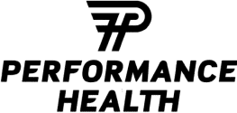 A black and white image of the Performance Health logo