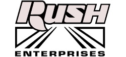 A black and white image of the Rush Enterprises logo