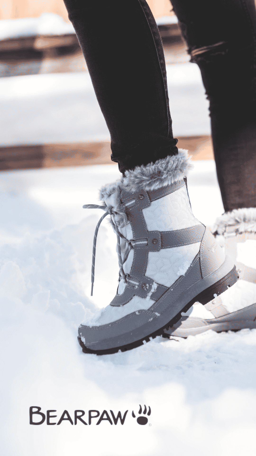 Gray and White snow boots from Bearpaw