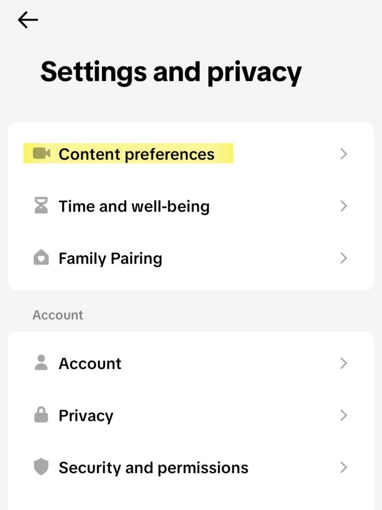 How to reset FYP: TikTok Settings and Privacy menu showing Content preferences location (highlighted in yellow).