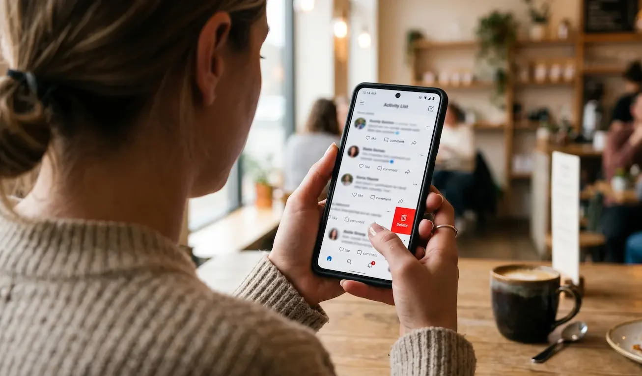 delete-tiktok-history-mobile Person tapping the delete icon on a smartphone to clear TikTok watch history.