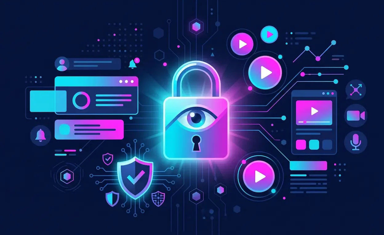 tiktok-privacy-settings-illustration Digital padlock and shield graphic illustrating TikTok watch history privacy settings.