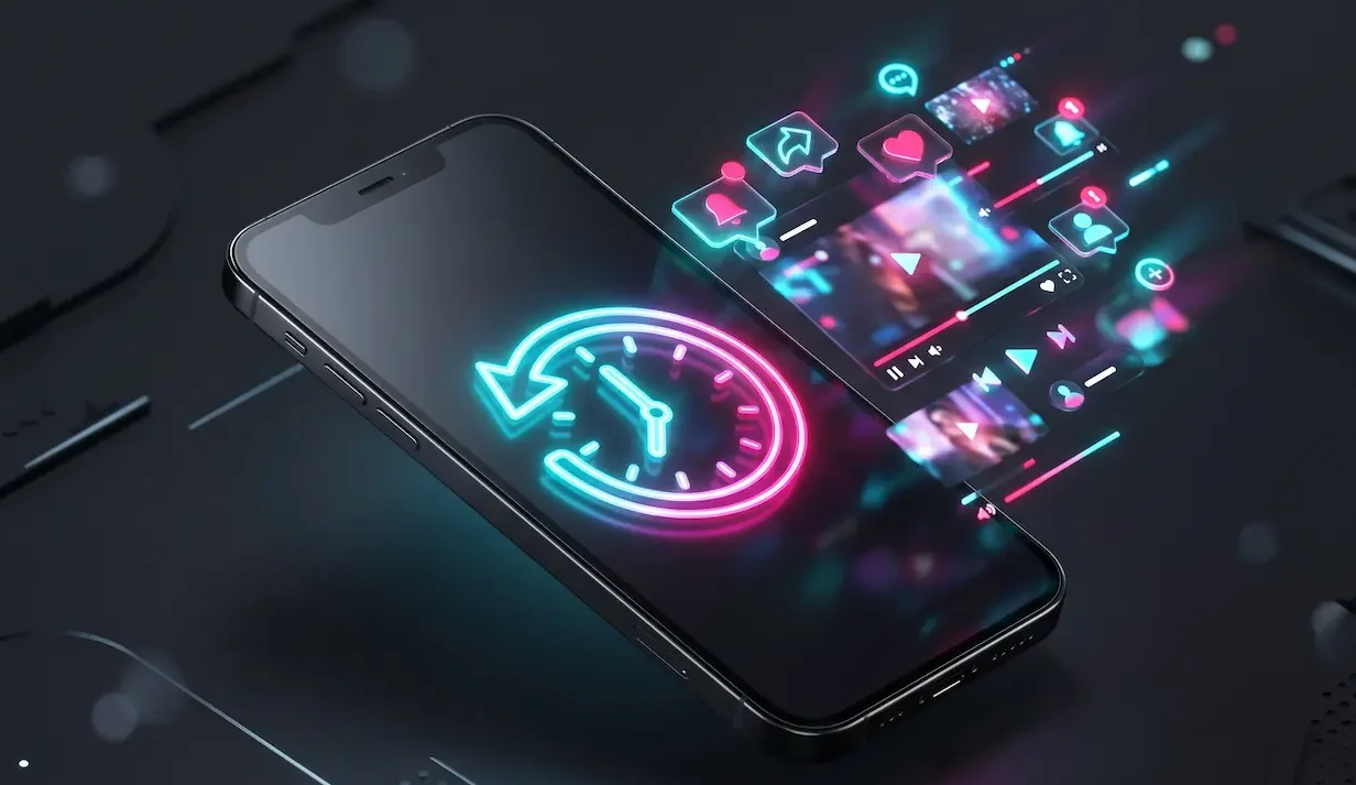 3D illustration of a smartphone with a rewind clock symbolizing TikTok watch history.