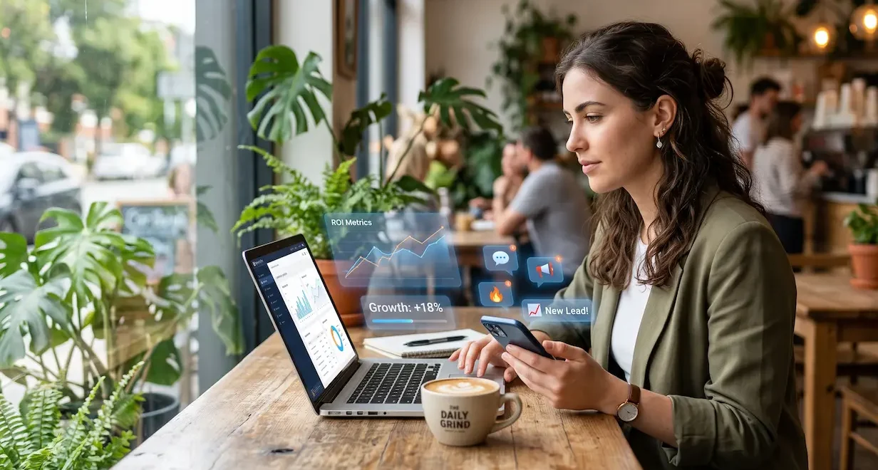 Business owner looking at multiple devices, representing multi-touchpoint social media marketing