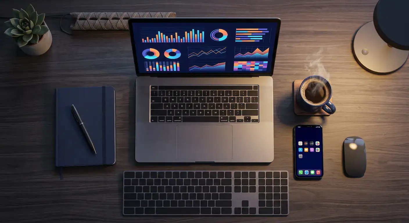 Top-down view of a digital marketing desk with analytics on a laptop screen