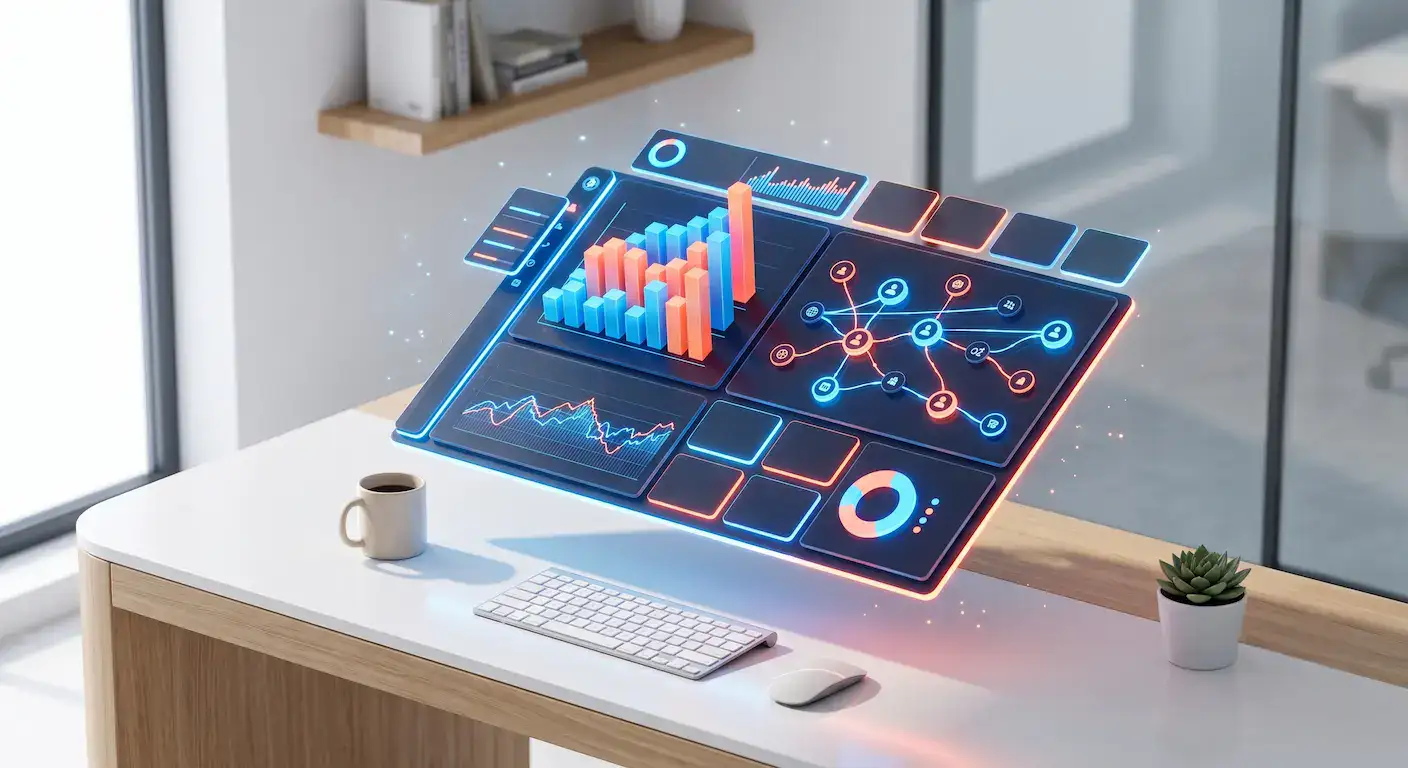 Modern 3D social media metrics dashboard showing data growth and engagement analytics.