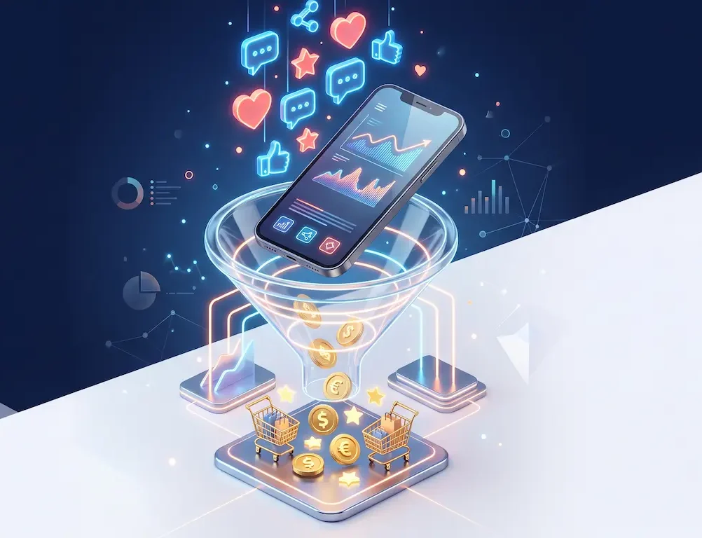 3D illustration showing social media engagement icons transforming into sales through a marketing funnel