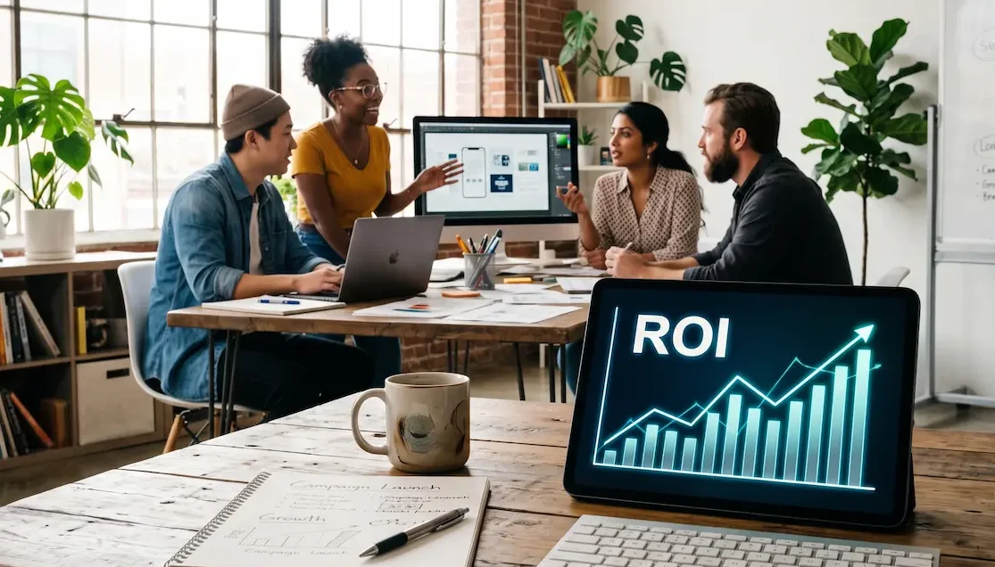 Creative marketing team analyzing ROI data on a tablet in a modern social media production studio