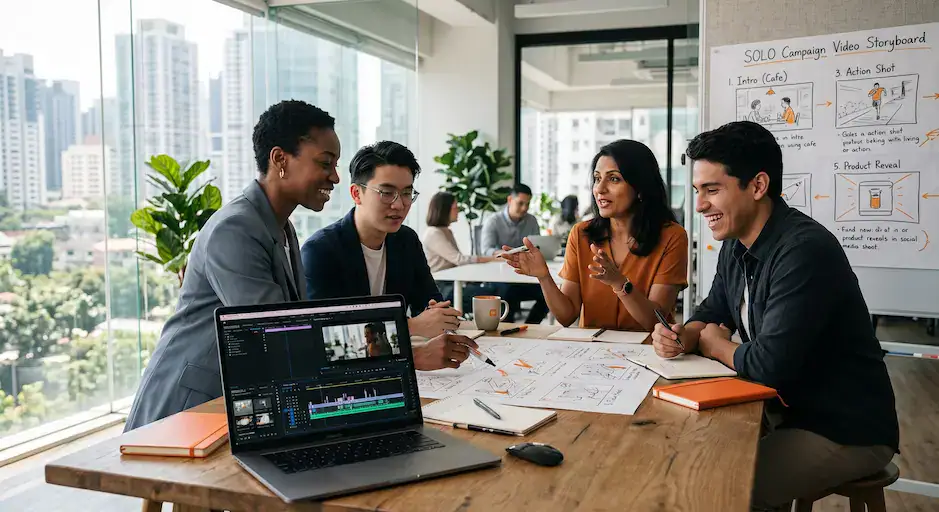 Creative marketing team collaborating on a social media video strategy in a modern office