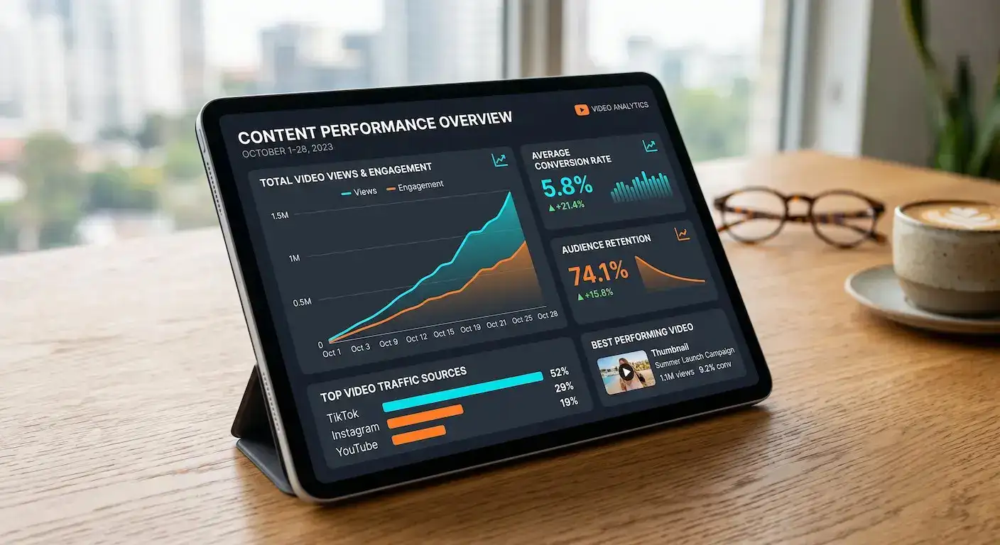 social-media-video-metrics-dashboard Tablet displaying upward trending social media video ROI and analytics dashboard