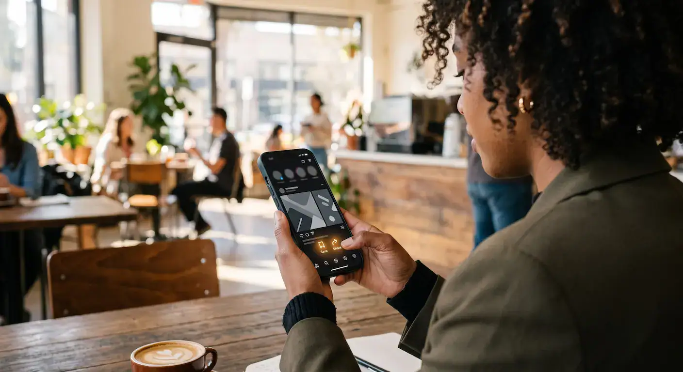 Professional woman engaging with a social media app on her smartphone in a cafe.