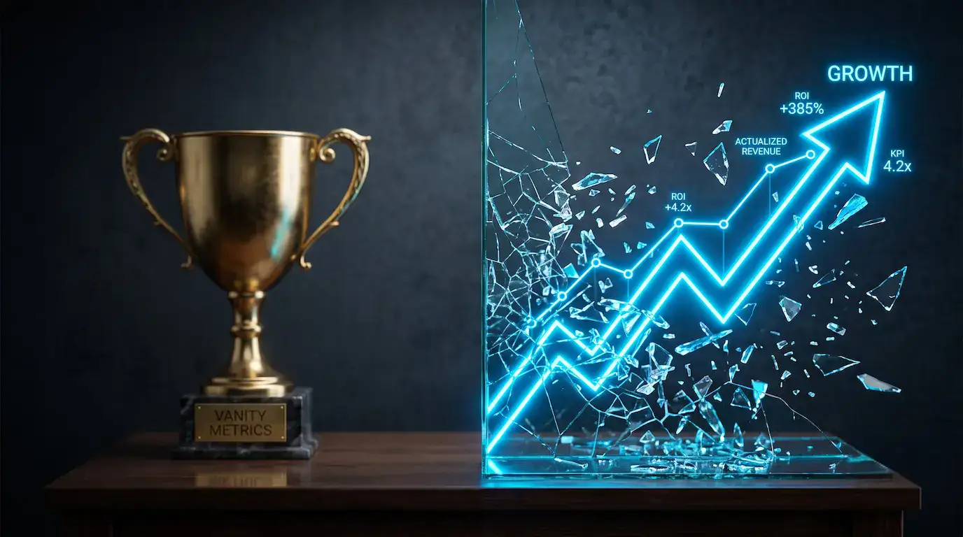 Visual contrast between an empty vanity trophy and a rising business growth chart.