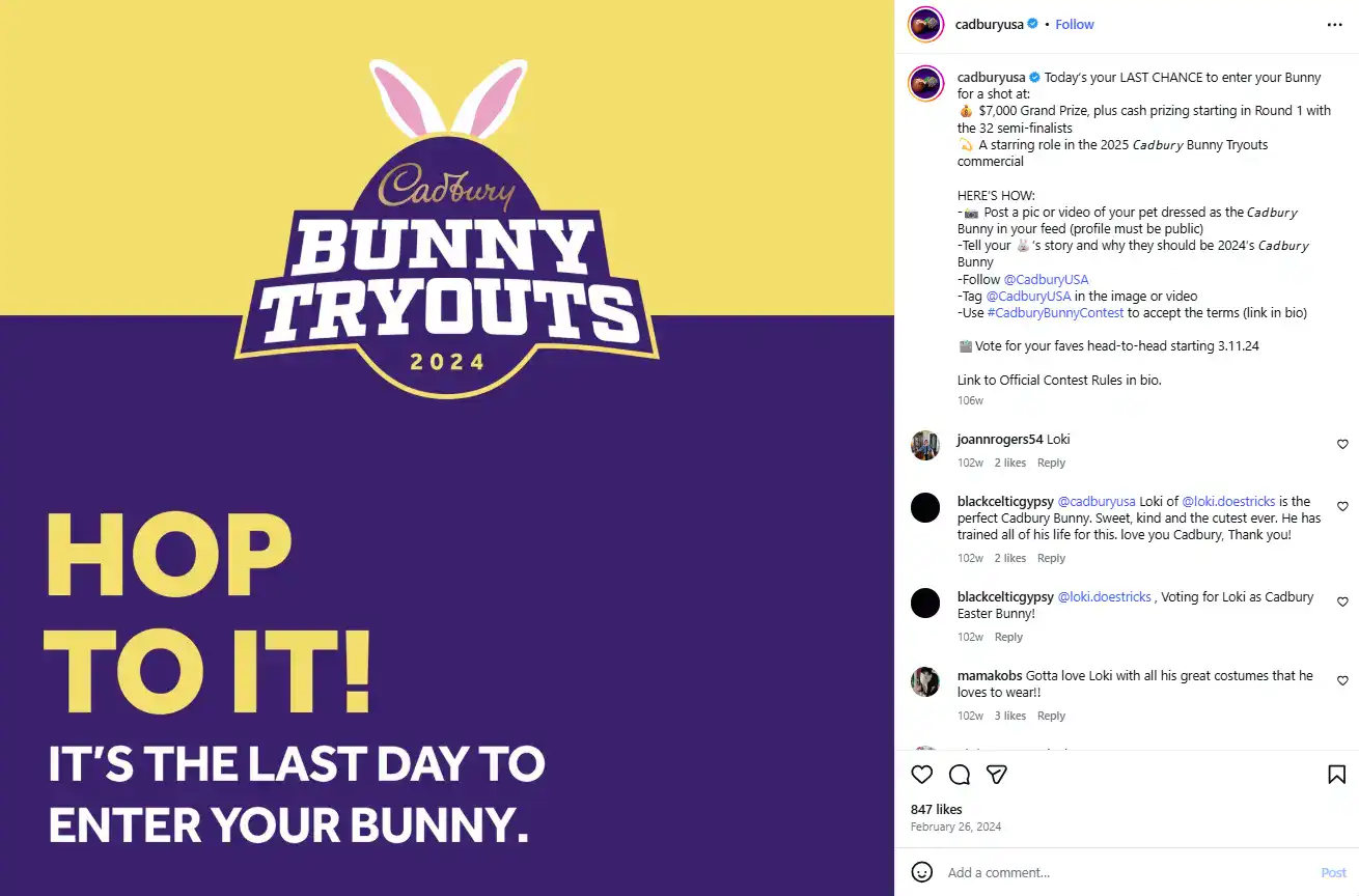 Branded hashtag Easter contest example post (PC) Example of branded Easter hashtag contest post for social media.