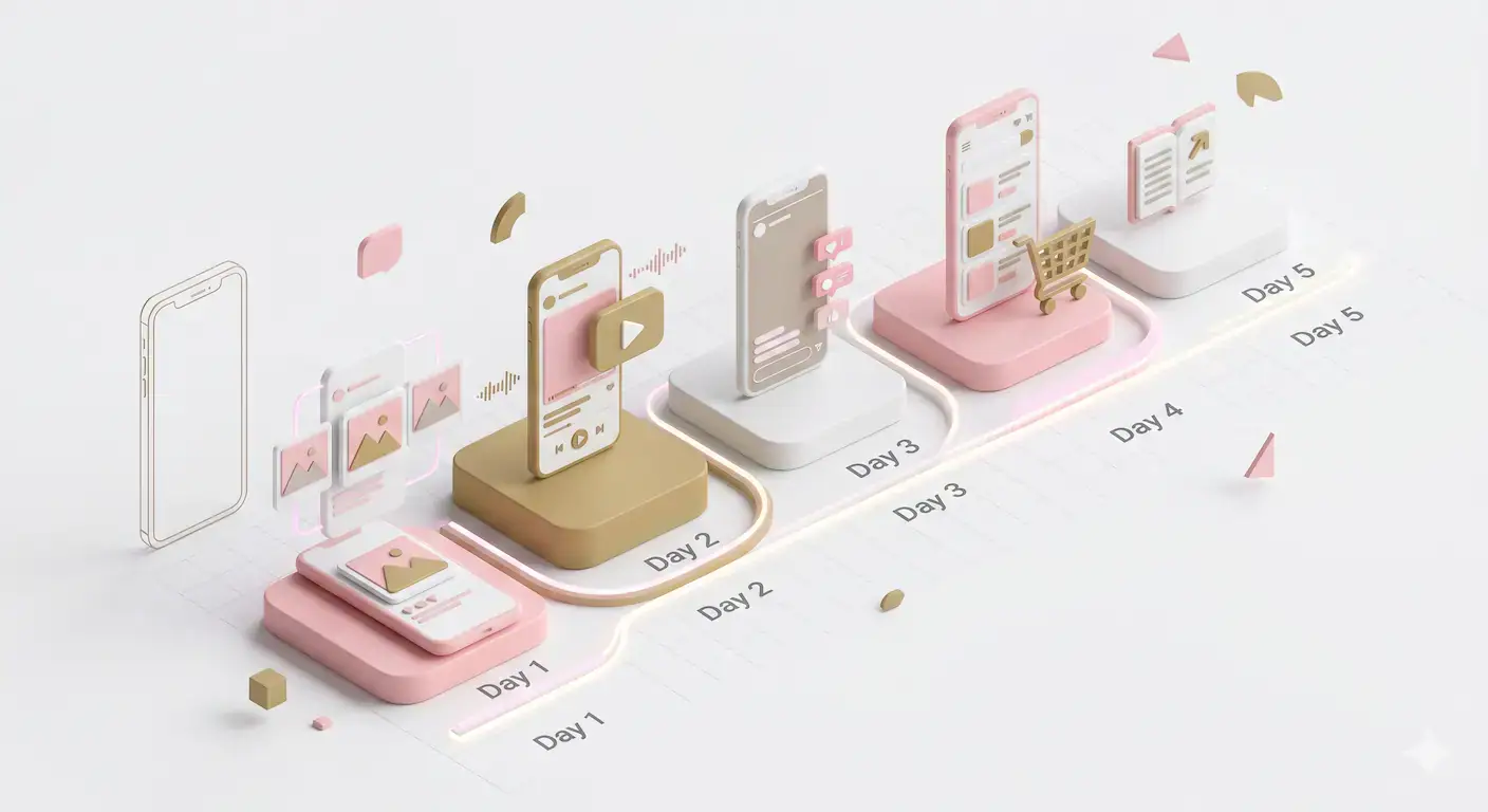 3D-minimalist-infographic 3D minimalist infographic showing a step-by-step Mother's Day social media content calendar timeline.