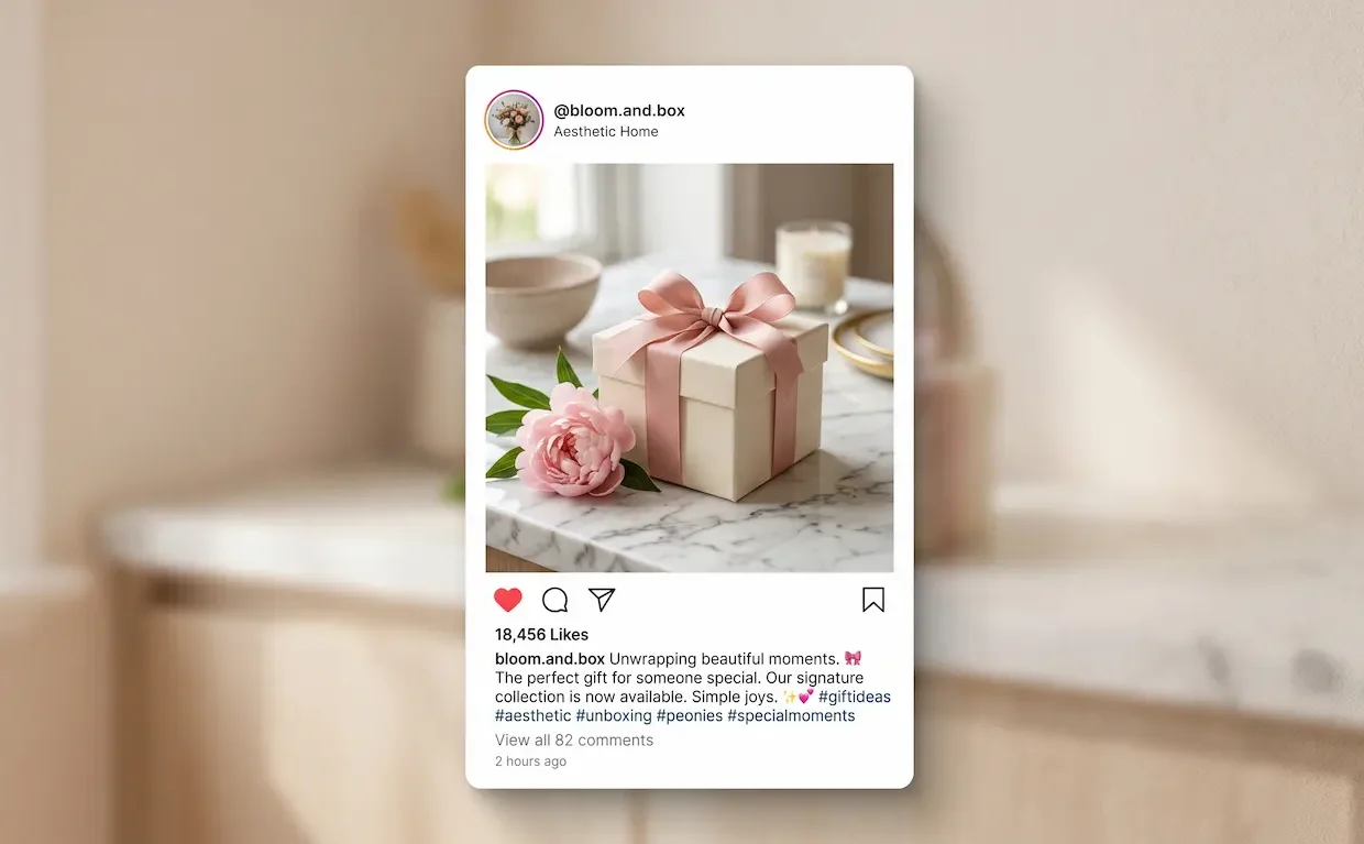 Instagram-feed-post Instagram feed post mockup displaying a Mother's Day gift box with a pink ribbon and a sample caption layout.