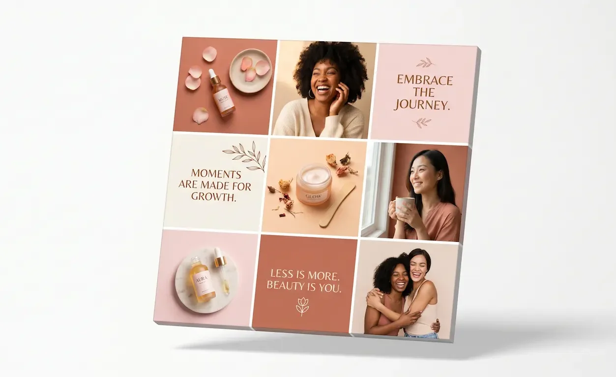 Instagram-grid-layout A cohesive 9-square Instagram grid layout utilizing a pastel and warm earth-tone color palette for Mother's Day