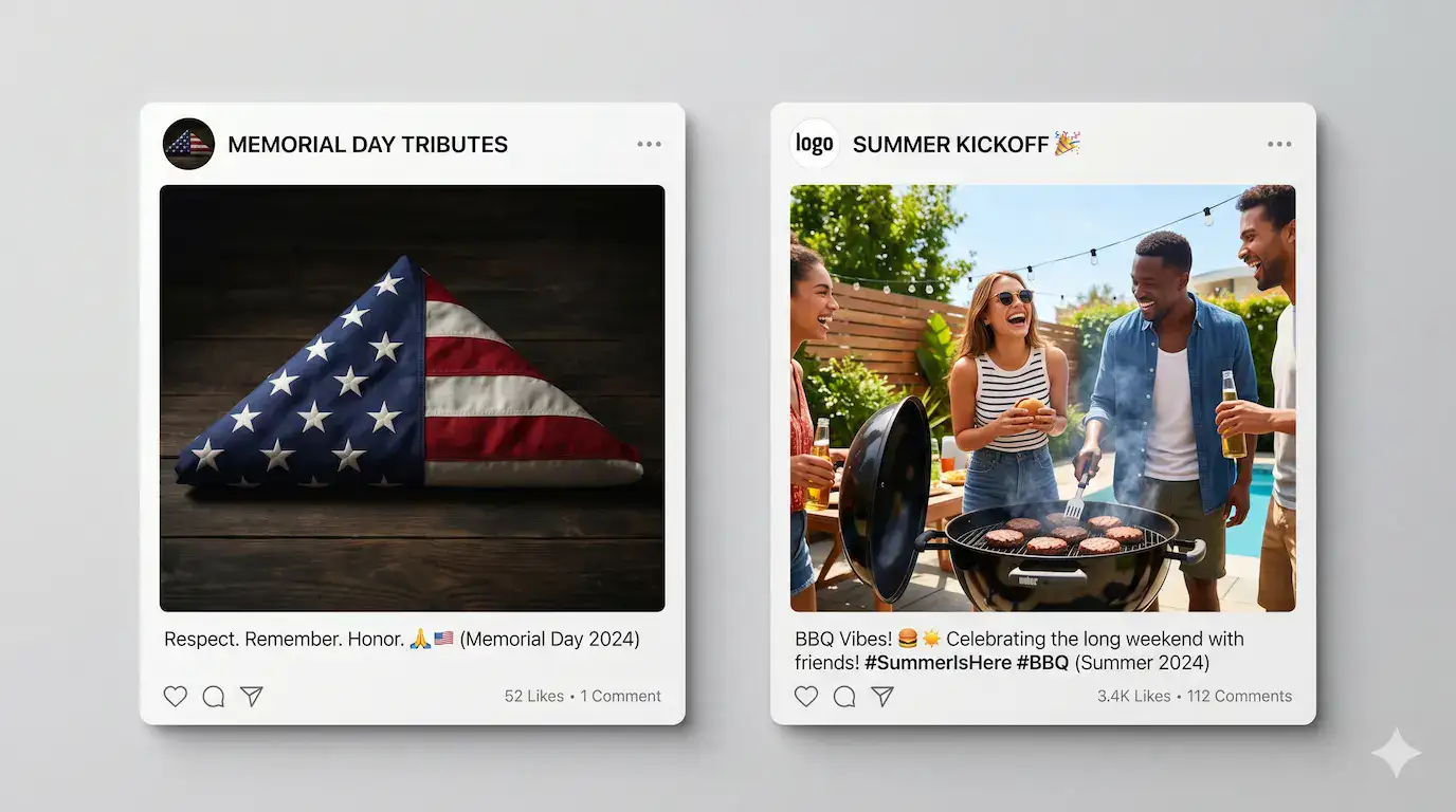 Memorial-Day-tribute-post Side-by-side comparison of a respectful Memorial Day tribute post and a summer kickoff promotional post.