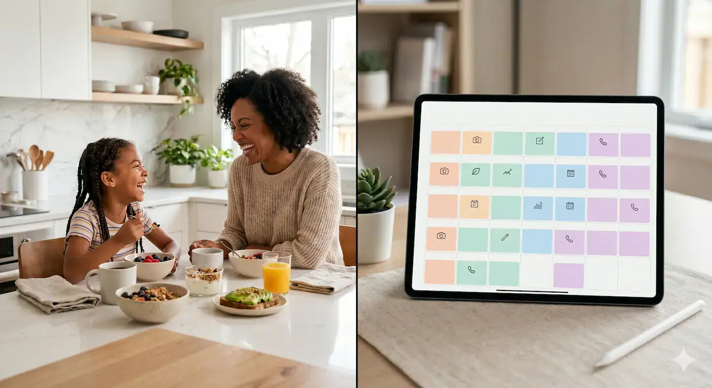 Split view of a mother and daughter smiling alongside a digital marketing content calendar.