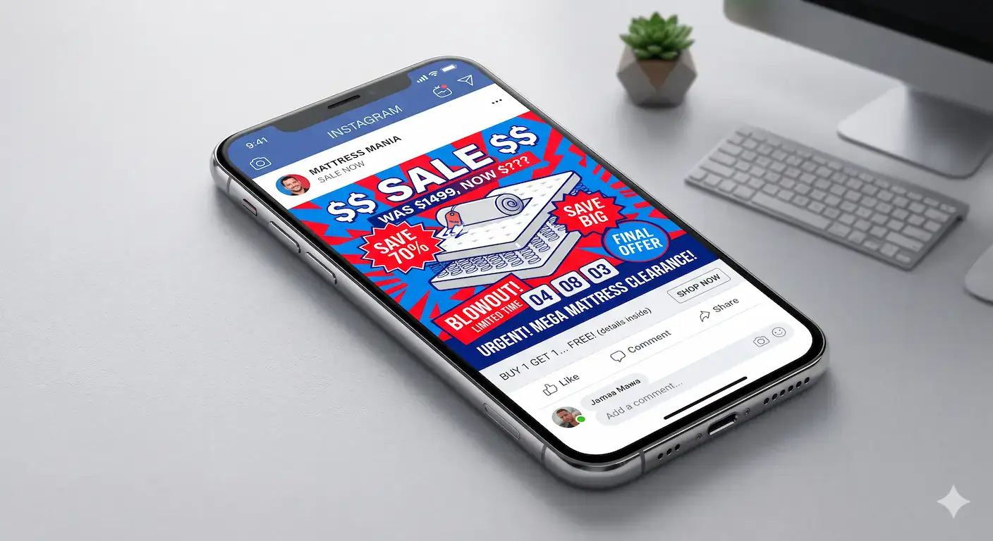promotional-social-media-post Example of a tone-deaf promotional social media post that mixes mattress sales with Memorial Day remembrance.