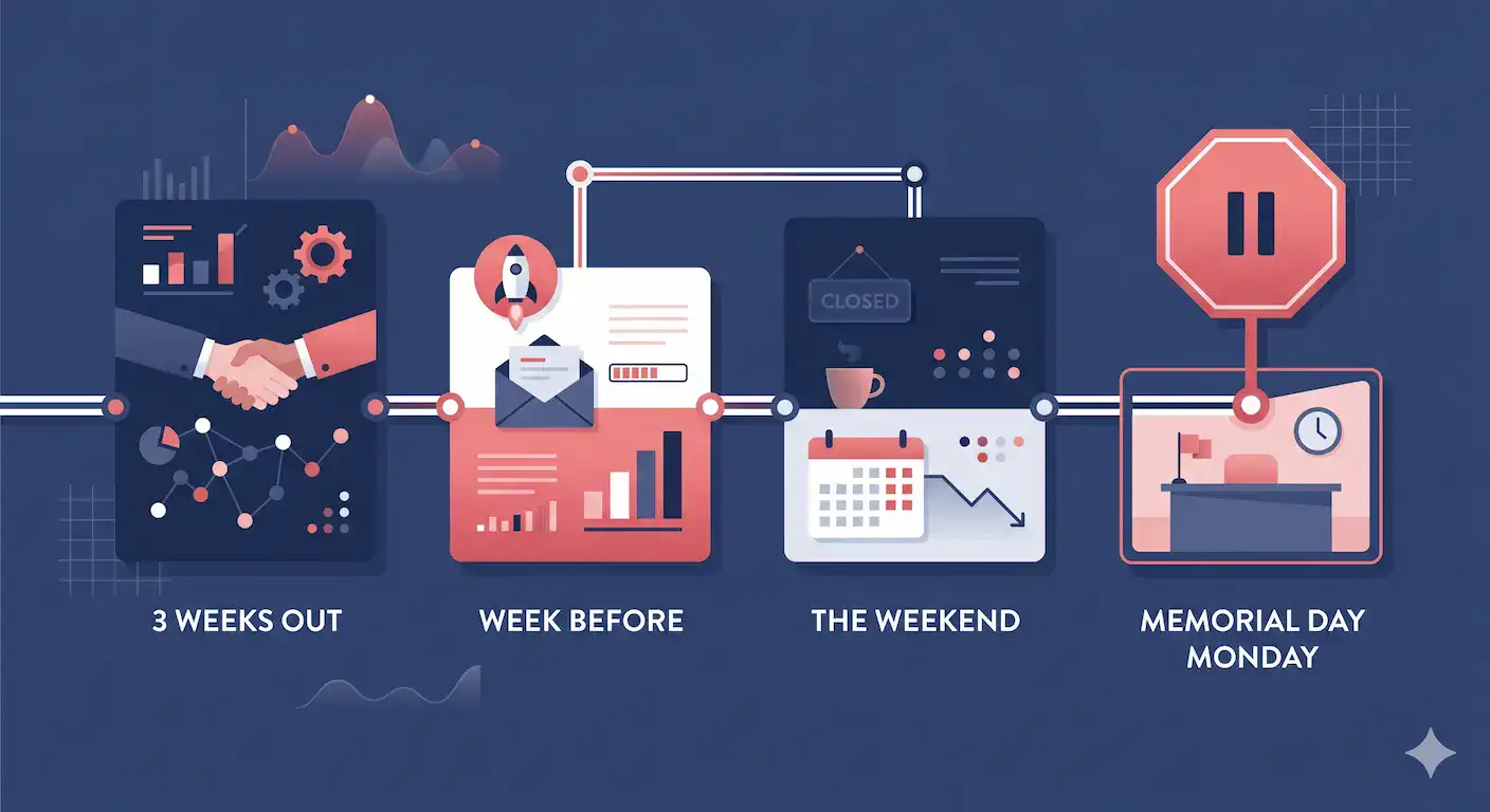 timeline-Memorial-Day-marketing A 3-week timeline for a Memorial Day marketing campaign, ending with a hard stop on Monday.