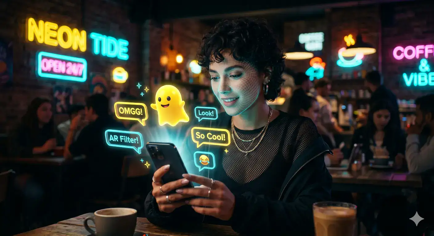Gen Z user interacting with glowing Snapchat AR elements representing mobile marketing