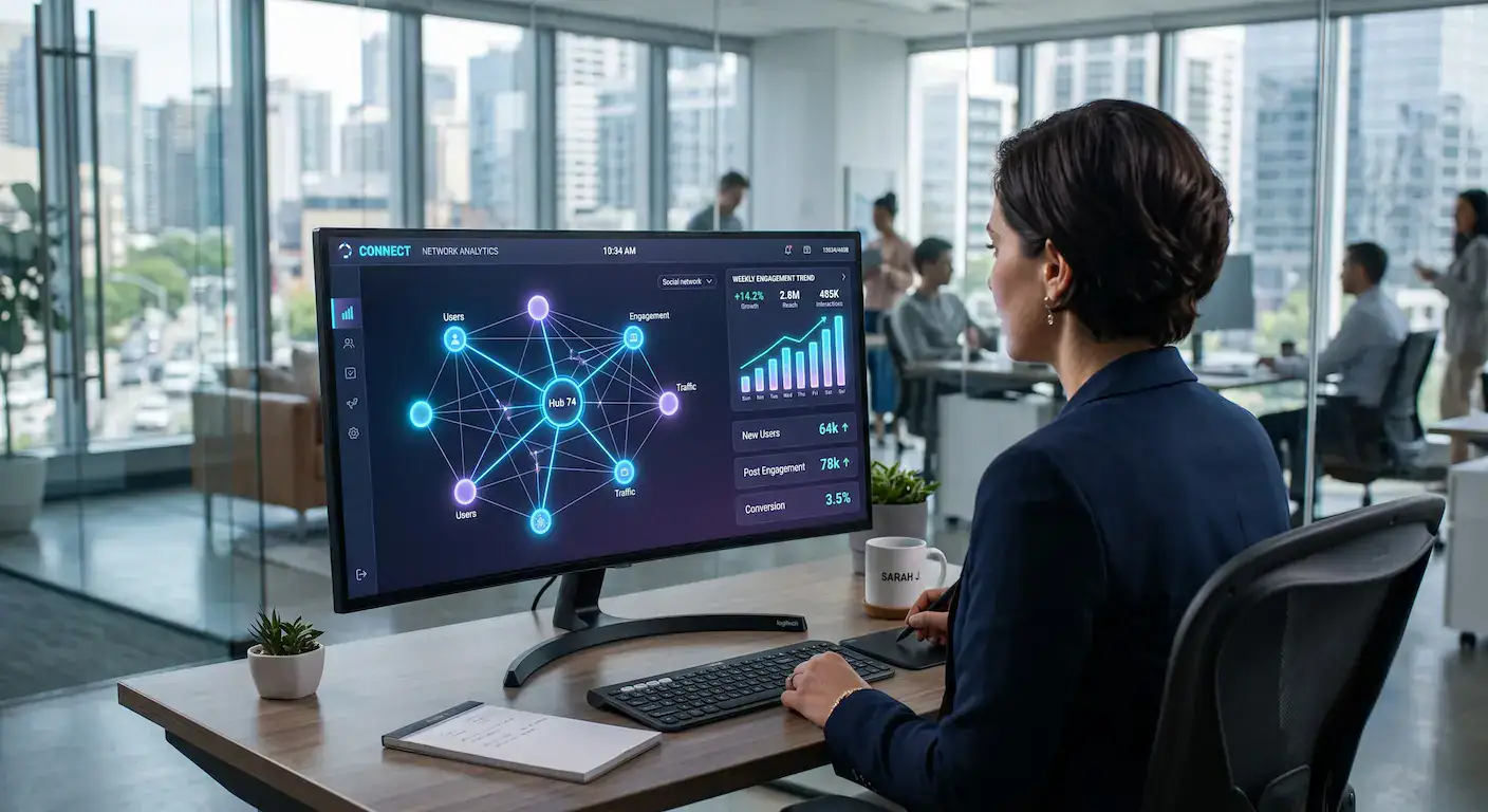 Business professional analyzing social selling metrics and network connections on a dashboard