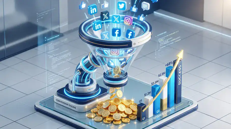 3D illustration of social media icons turning into a revenue funnel representing a social selling strategy