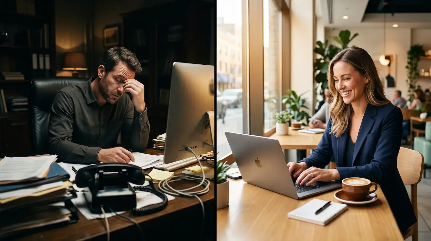 Contrast between stressful traditional cold calling and modern social selling on a laptop