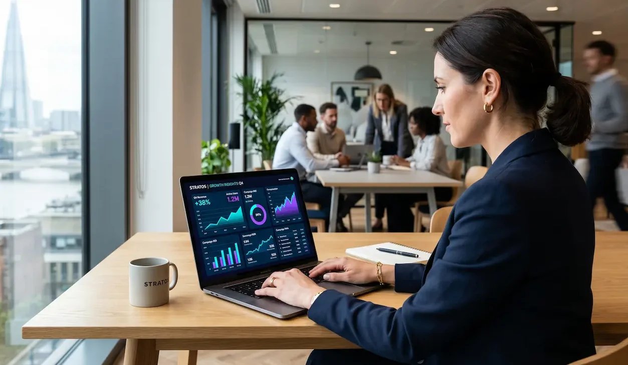Marketing executive analyzing social media growth metrics on a laptop screen in a modern office environment.