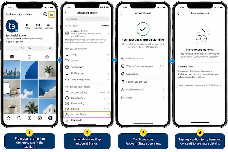 Screenshot of the Instagram app's Account Status screen, showing where to check for active recommendation restrictions.