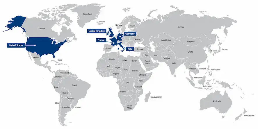 Map of the United States, United Kingdom, France, Italy and Germany, the markets covered by the linked launch announcements.
