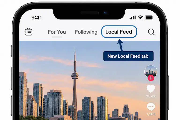 Illustrative TikTok app mockup highlighting the Local Feed tab beside For You and Following.