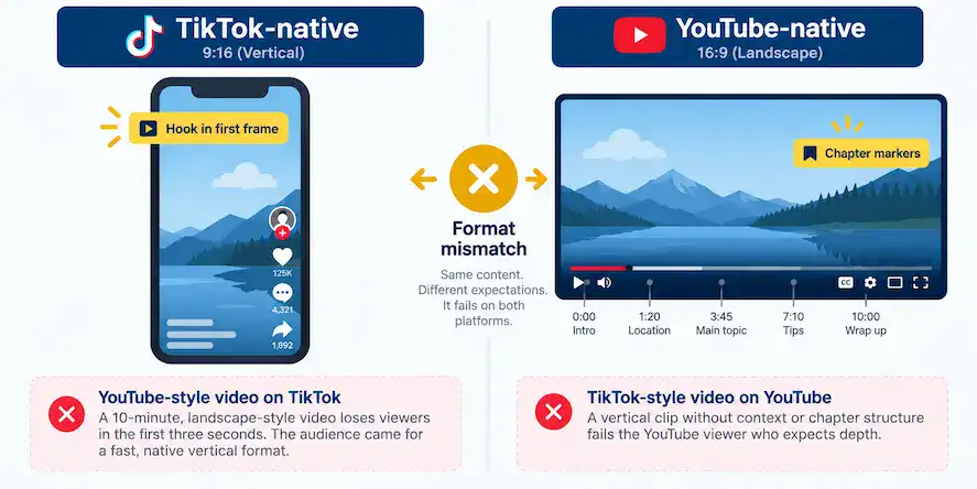 Comparison of a vertical 9:16 TikTok-native frame and a horizontal 16:9 YouTube-native frame, showing why content built for one fails when dropped into the other.