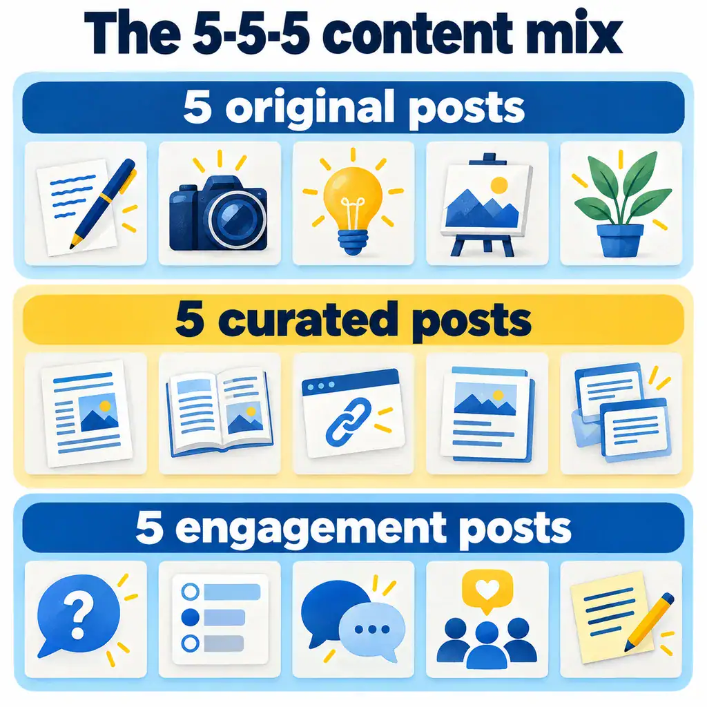 The 5-5-5 content mix: five original posts, five curated posts, and five engagement posts.