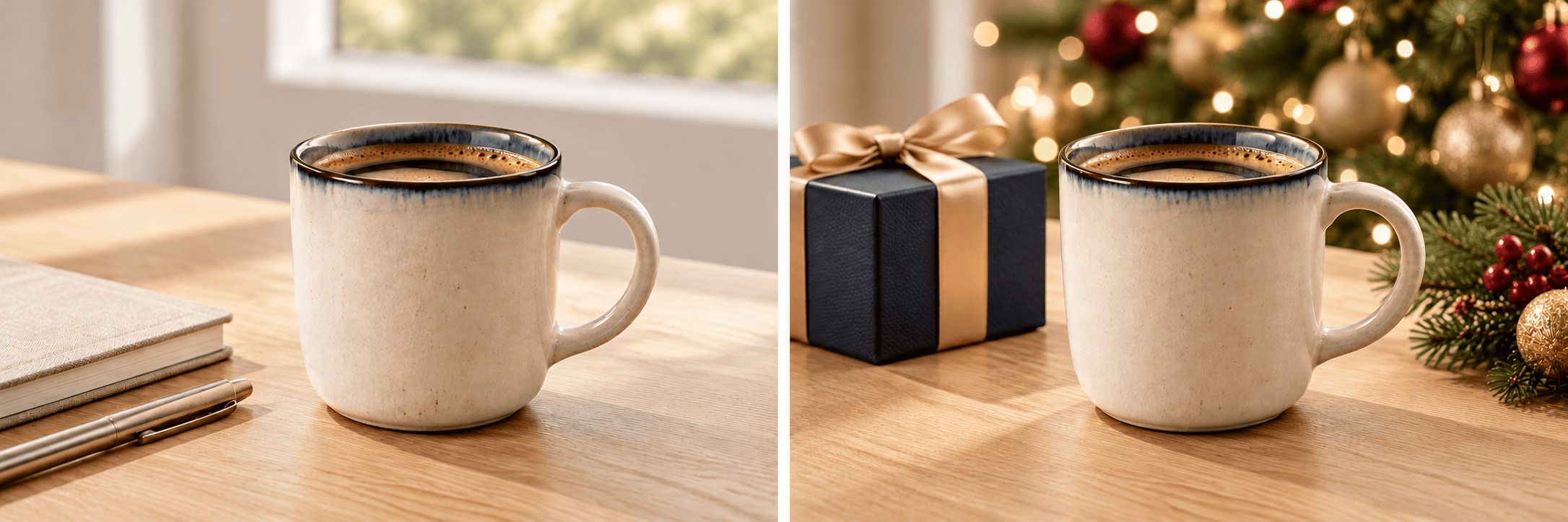 Ivory ceramic coffee mug on a light wood desk beside a notebook and pen in natural daylight.