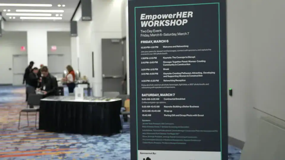 The EmpowerHER Workshop schedule board at CONEXPO-CON/AGG 2026