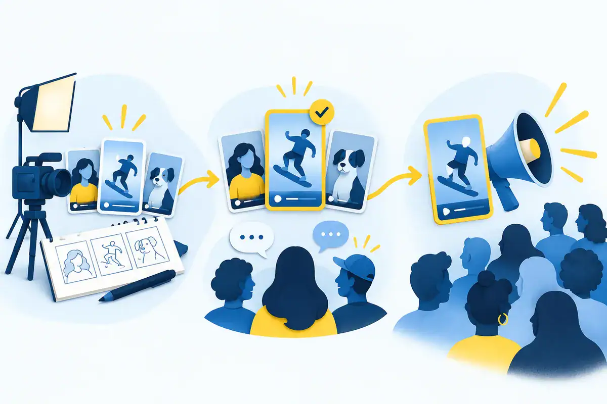 Illustration of creative production, audience testing, and amplification of a selected social media video.