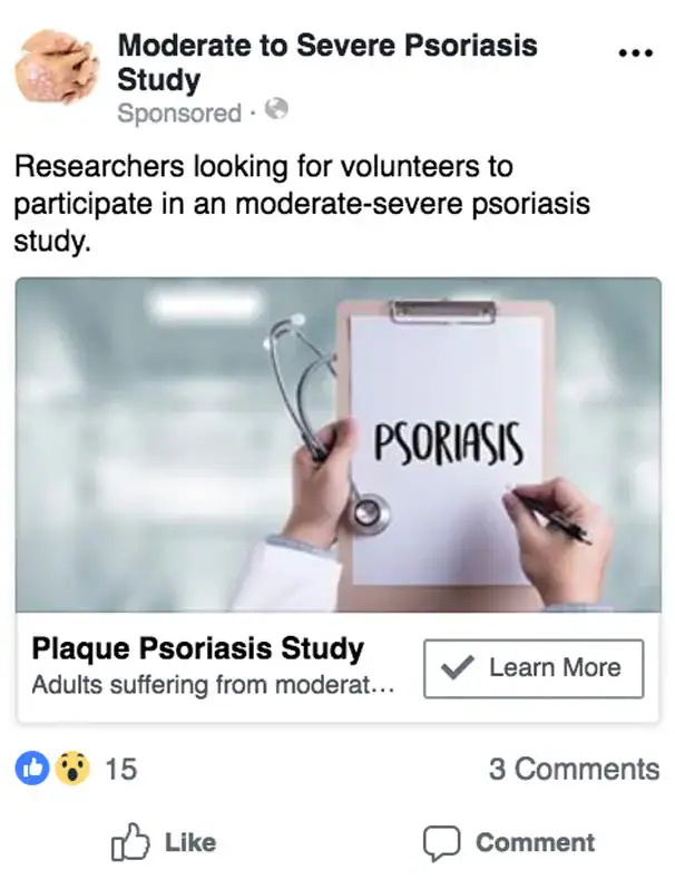 Sponsored Facebook post for a moderate to severe psoriasis study, as it appeared in the feed, with a clipboard reading Psoriasis and a Learn More button.