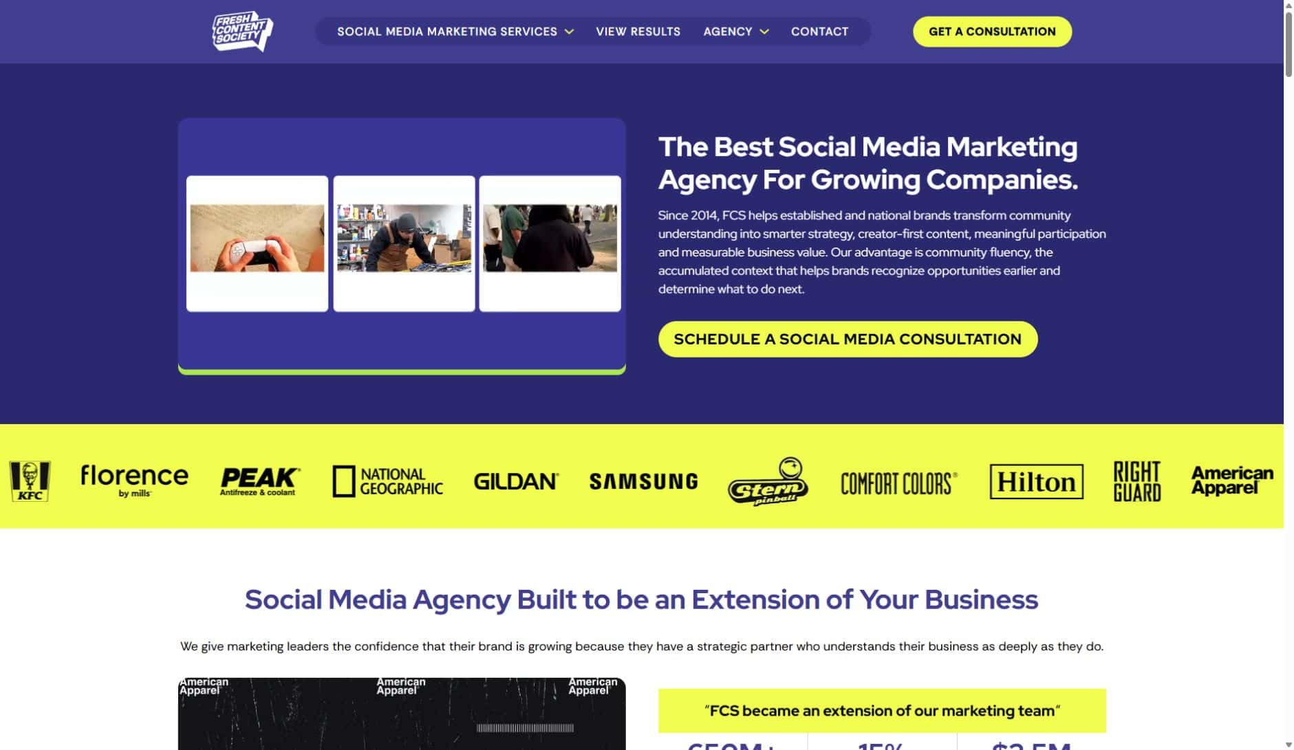 fresh-content-society homepage Fresh Content Society homepage featuring its social media marketing services and client brands.