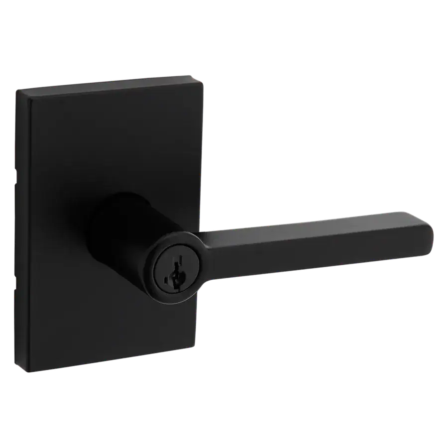 Kwikset lever on a rectangular rose in matte black