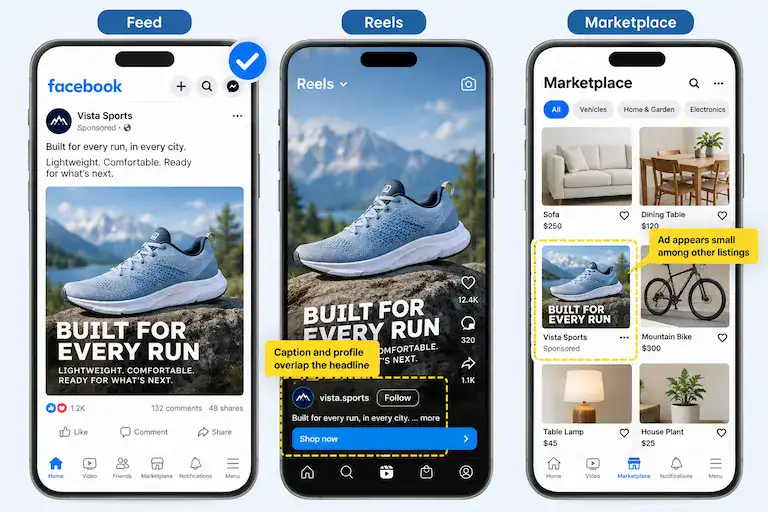 meta-ad-shown-facebook-feed The same Meta ad shown in Facebook Feed, Reels and Marketplace, with the headline covered by interface elements in Reels and shrunk to a small tile in Marketplace