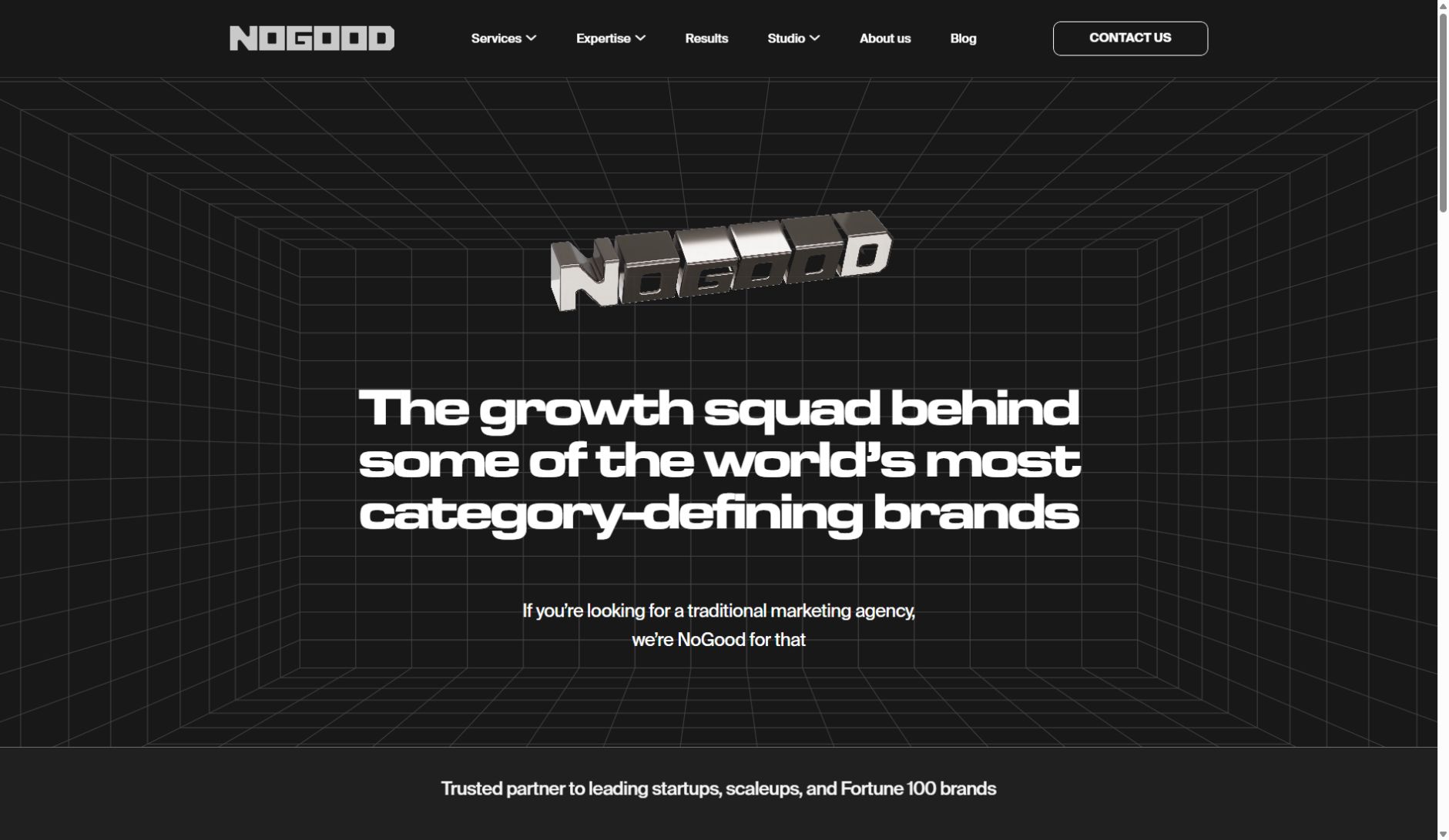 nogood homepage NoGood homepage introducing its growth marketing team with a three-dimensional NoGood logo.