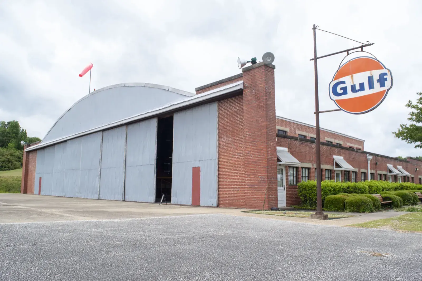 Hangar 1 at Moton Field in Tuskegee, with its Gulf sign