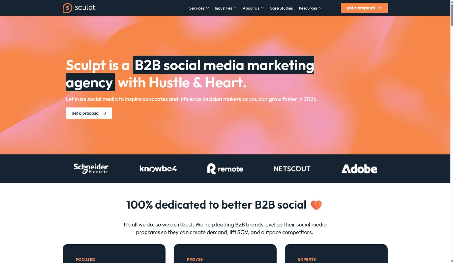 sculpt homepage Sculpt homepage introducing its B2B social media marketing agency and featured clients.