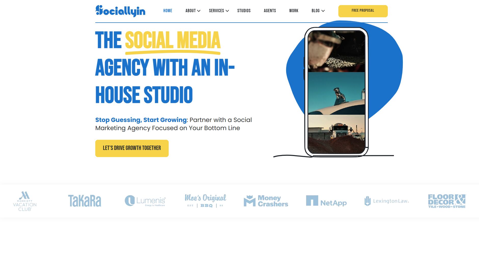 sociallyin homepage Sociallyin homepage highlighting its social media agency and in-house production studio.