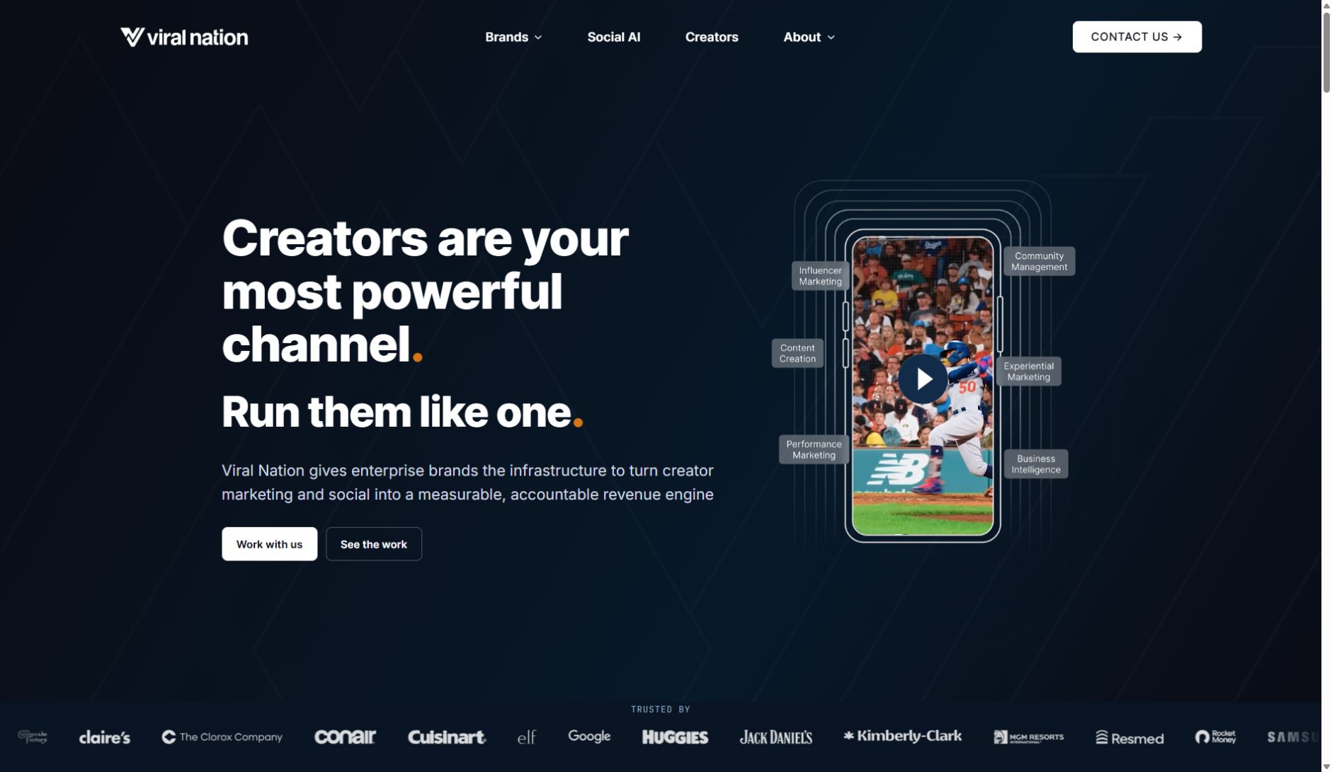 viral-nation homepage Viral Nation homepage presenting its enterprise creator marketing and social media services.
